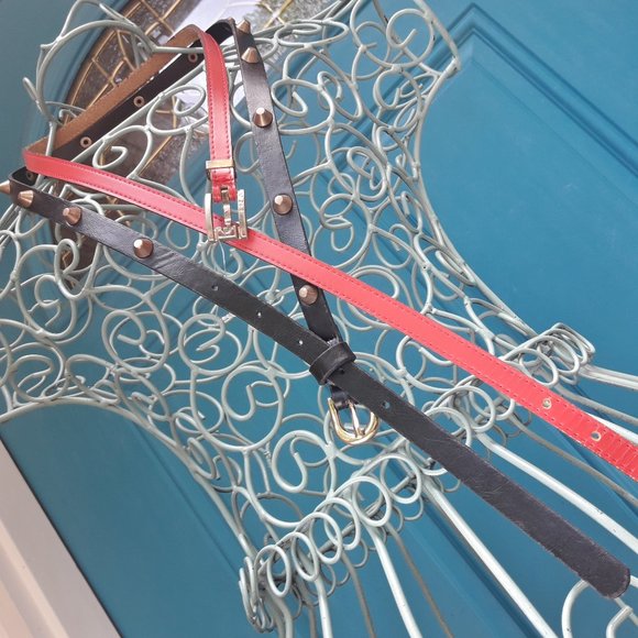 2 Belts Genuine Leather Thin Studded with Spikes Metal Studs Grommets Rivet BOGO - Picture 3 of 16